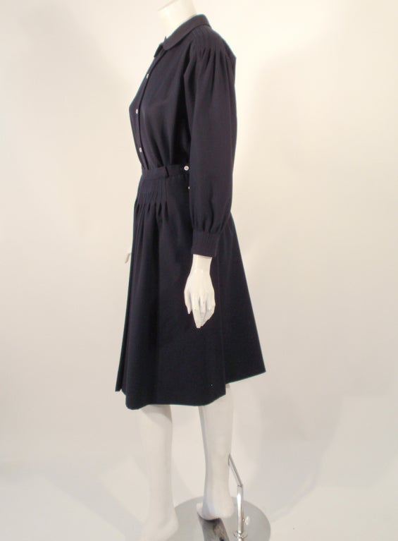 Black Geoffrey Beene 2 piece Navy Blue Gabardine Pintuck Seam detail Blouse & skirt For Sale