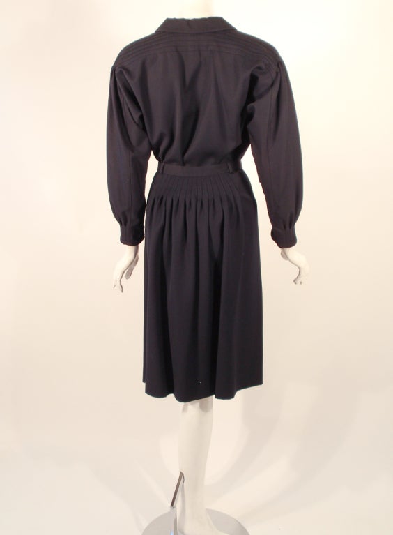Geoffrey Beene 2 piece Navy Blue Gabardine Pintuck Seam detail Blouse & skirt In Excellent Condition For Sale In Los Angeles, CA