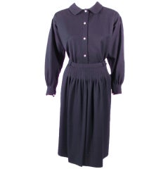 Geoffrey Beene 2 piece Navy Blue Gabardine Pintuck Seam detail Blouse & skirt 12