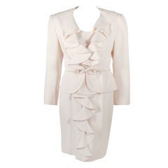 Valentino Night - Robe et veste à manches courtes en crêpe de laine crème avec ceinture autoportante, taille 8