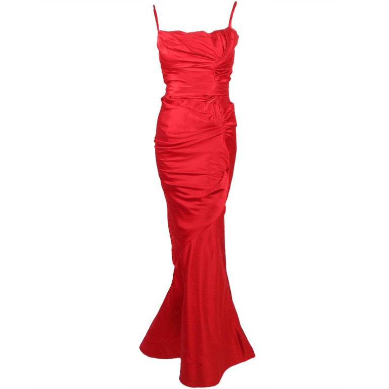 Oscar de la Renta Couture Red Satin Ruched Gown w/ Belt