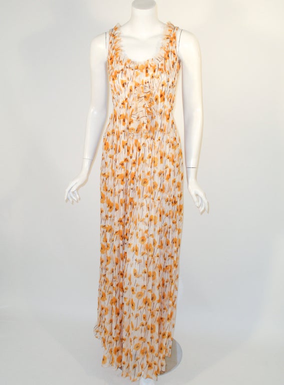 Oscar de la Renta Cream and Orange Floral Silk Chiffon Gown