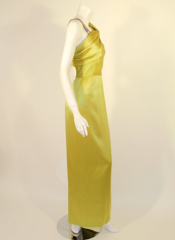 Oscar de la Renta Chartreuse 1 Shoulder Gown w/ Beaded Strap 1