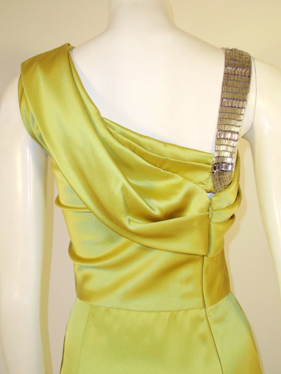 Oscar de la Renta Chartreuse 1 Shoulder Gown w/ Beaded Strap 3