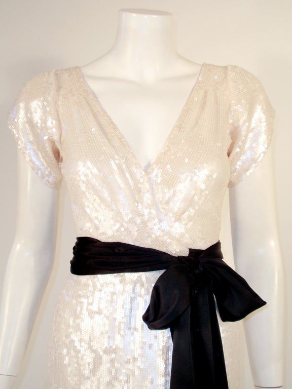 Women's Diane von Furstenberg White Sequin Long Wrap Dress, Black Tie