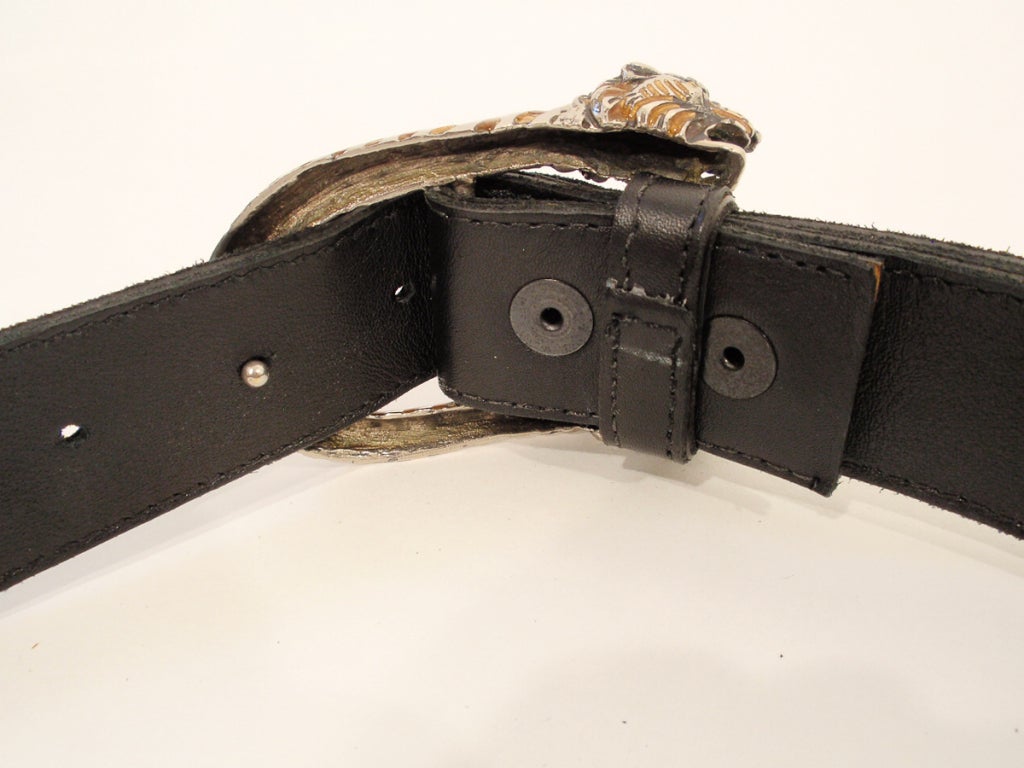 Gucci Sterling Silver Tiger Head Belt Buckle w/ Leather Belt 2