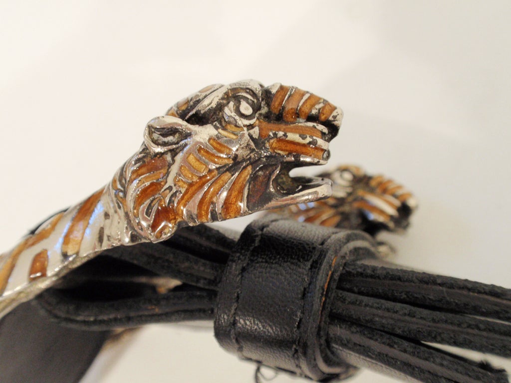 Gucci Sterling Silver Tiger Head Belt Buckle w/ Leather Belt 3