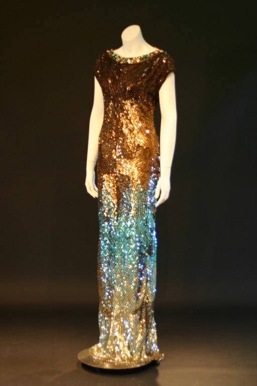 Matthew Williamson Turquoise Bronze Sequin Evening Gown In New Condition For Sale In Toronto, ON
