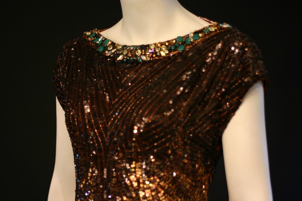 Women's Matthew Williamson Turquoise Bronze Sequin Evening Gown For Sale