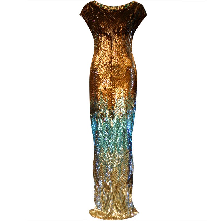 Matthew Williamson Turquoise Bronze Sequin Evening Gown For Sale