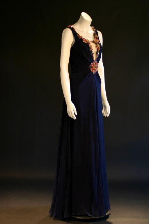 Jenny Packham Midnight Blue and Coral Evening Gown In New Condition In Toronto, ON