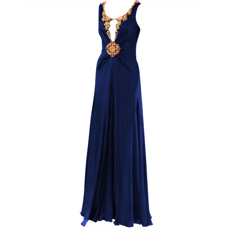 Jenny Packham Midnight Blue and Coral Evening Gown