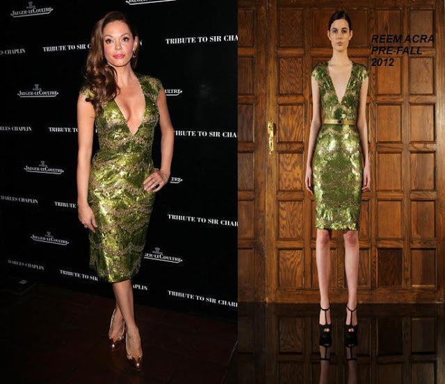 This Reem Acra gown is in brand new condition. The dress is composed of a layer of pailette sequins in various shades of olive green, and a lining of nude mesh tulle material. The dress fits like a second skin, and is very sexy when worn, with the