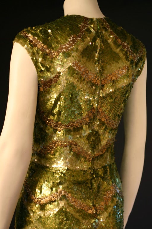 Reem Acra Green Pailette Sequin Reptile Cocktail Dress For Sale 3