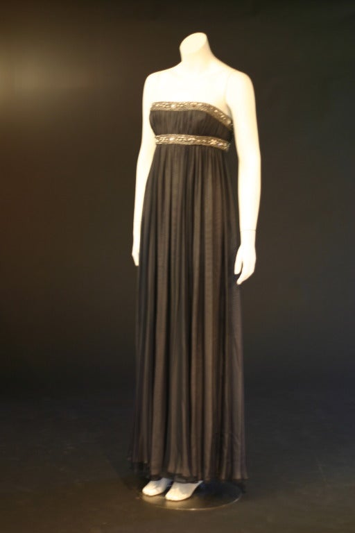Reem Acra Grey Silk Beaded Empire Waist Evening Couture Gown