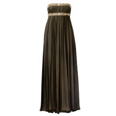 Reem Acra Grey Silk Beaded Empire Waist Evening Couture Gown