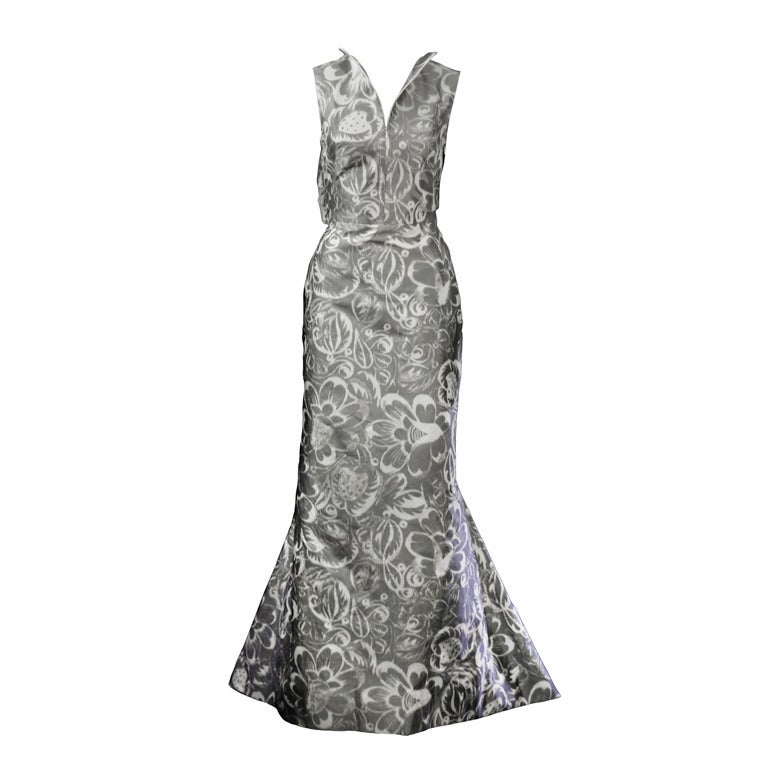 Oscar de la Renta Grey Bow Back Runway Evening Gown Dress For Sale