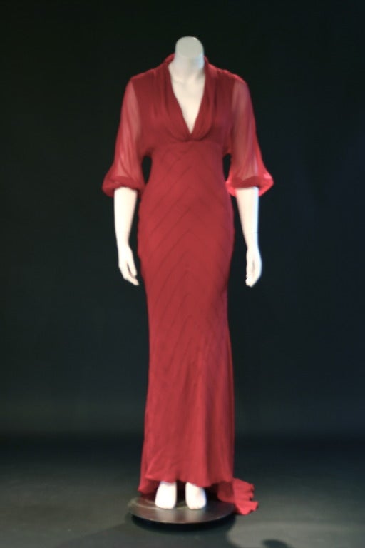 Reem Acra Red Bias Cut Evening Gown