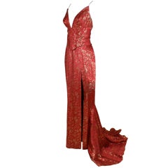 1950's Red and Gold Brocade Gown with Train