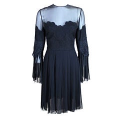 1960's Galanos Pleated Chiffon Dress with Alençon Lace Bodice