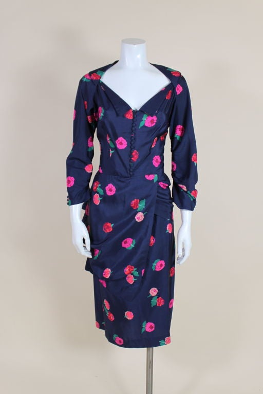Purple Ceil Chapman 1950s Floral Silk Cocktail Dress with Swag For Sale