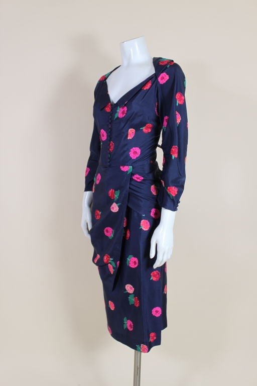 Ceil Chapman 1950s Floral Silk Cocktail Dress with Swag In Excellent Condition For Sale In Los Angeles, CA
