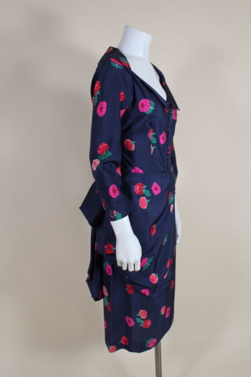 Women's Ceil Chapman 1950s Floral Silk Cocktail Dress with Swag For Sale
