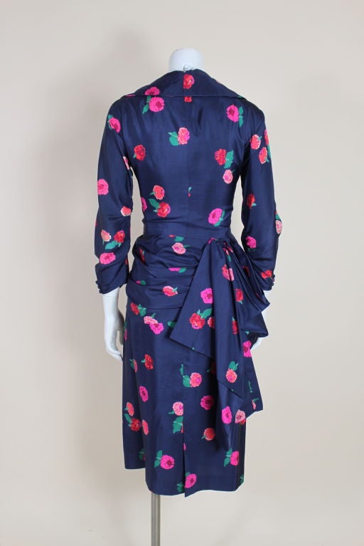 Ceil Chapman 1950s Floral Silk Cocktail Dress with Swag For Sale 1