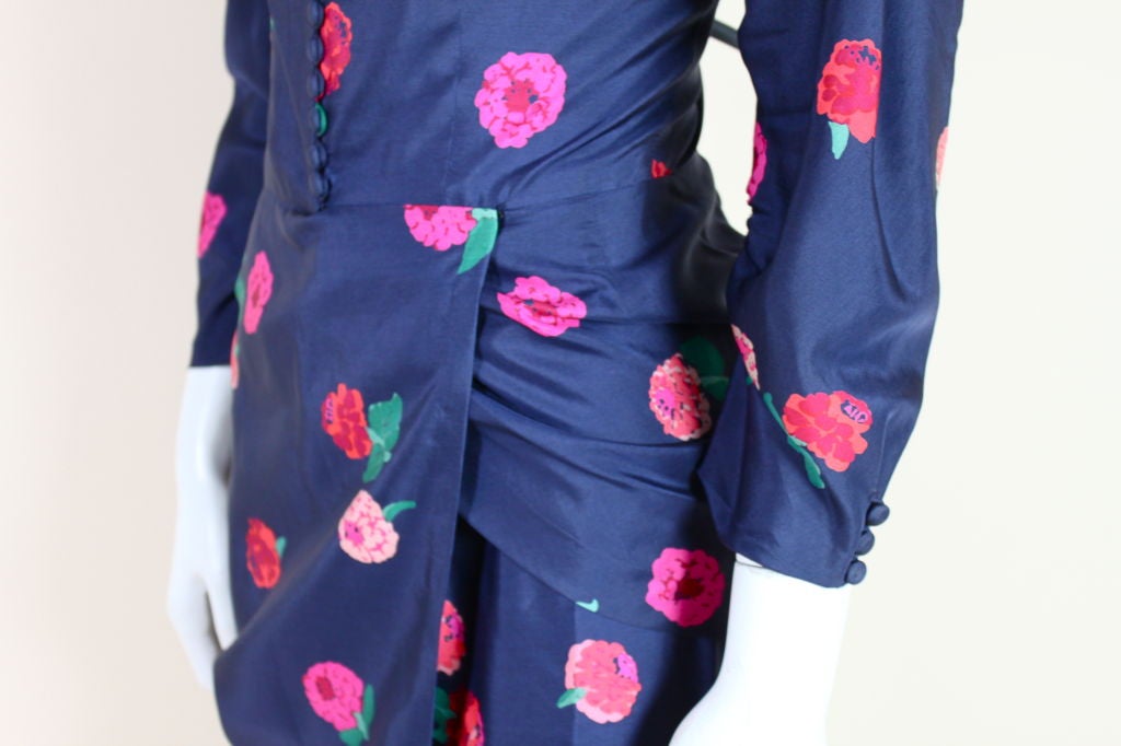 Ceil Chapman 1950s Floral Silk Cocktail Dress with Swag For Sale 2
