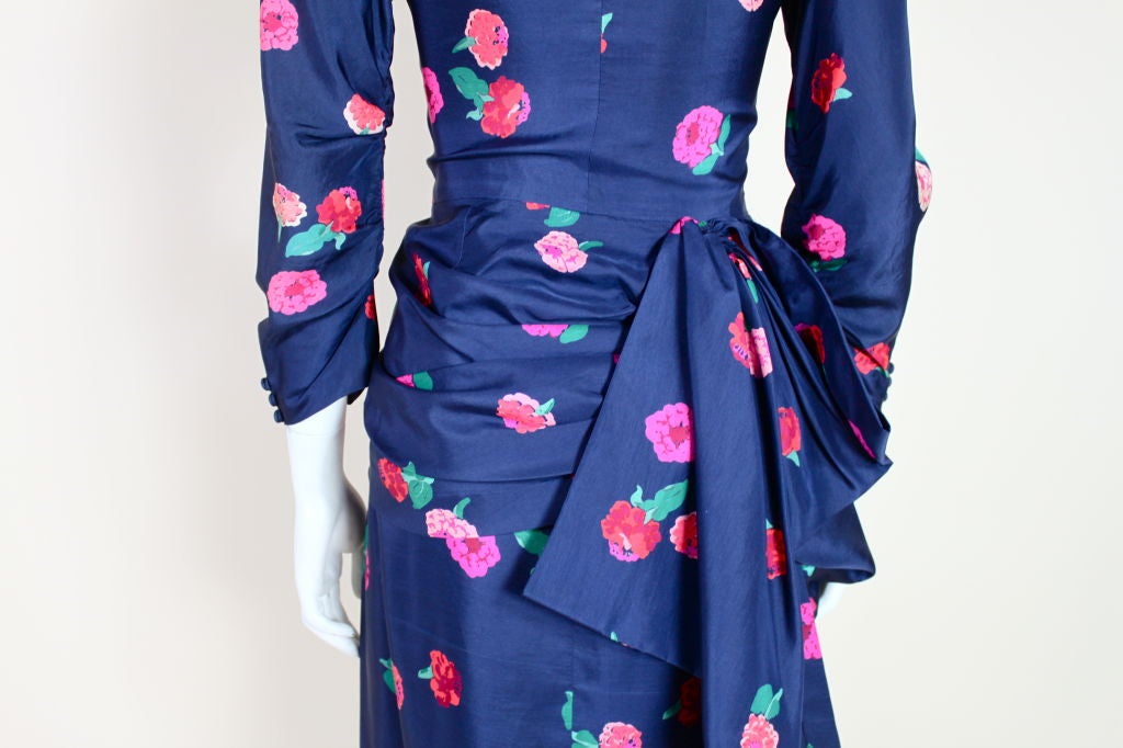 Ceil Chapman 1950s Floral Silk Cocktail Dress with Swag For Sale 3