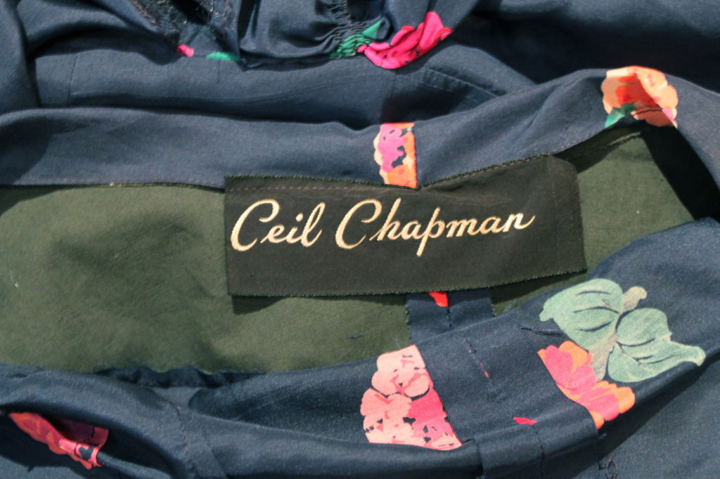 Ceil Chapman 1950s Floral Silk Cocktail Dress with Swag For Sale 4