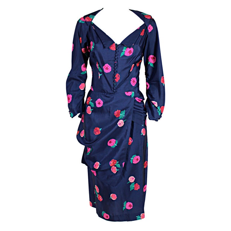 Ceil Chapman 1950s Floral Silk Cocktail Dress with Swag For Sale