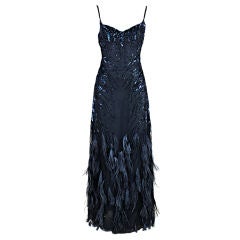 1980's Ruben Panis Sequined Chiffon Gown with Feathers