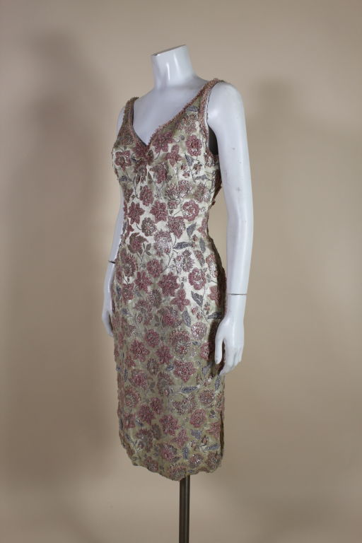 1950's Beaded Champagne Brocade Cocktail Dress at 1stDibs