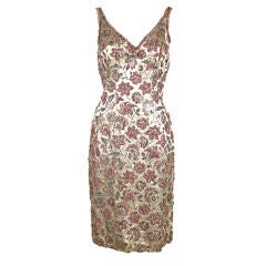 Retro 1950's Beaded Champagne Brocade Cocktail Dress