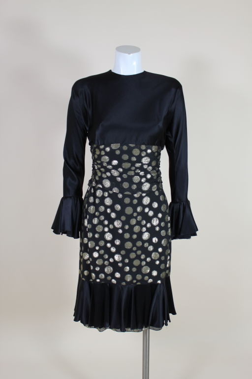 Gorgeous cocktail dress from George Stavropoulos is made from luxe lightweight satin and polka dot gold lamé silk chiffon. Lamé is pleated and ruched around the waist. The hems of the sleeves and skirt are made from bias cut tiers of lamé chiffon