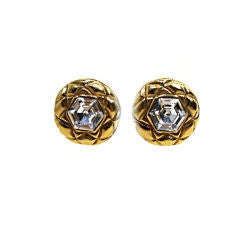 Chanel Quilted Gold Button Earrings w/Brilliant Crystal Center
