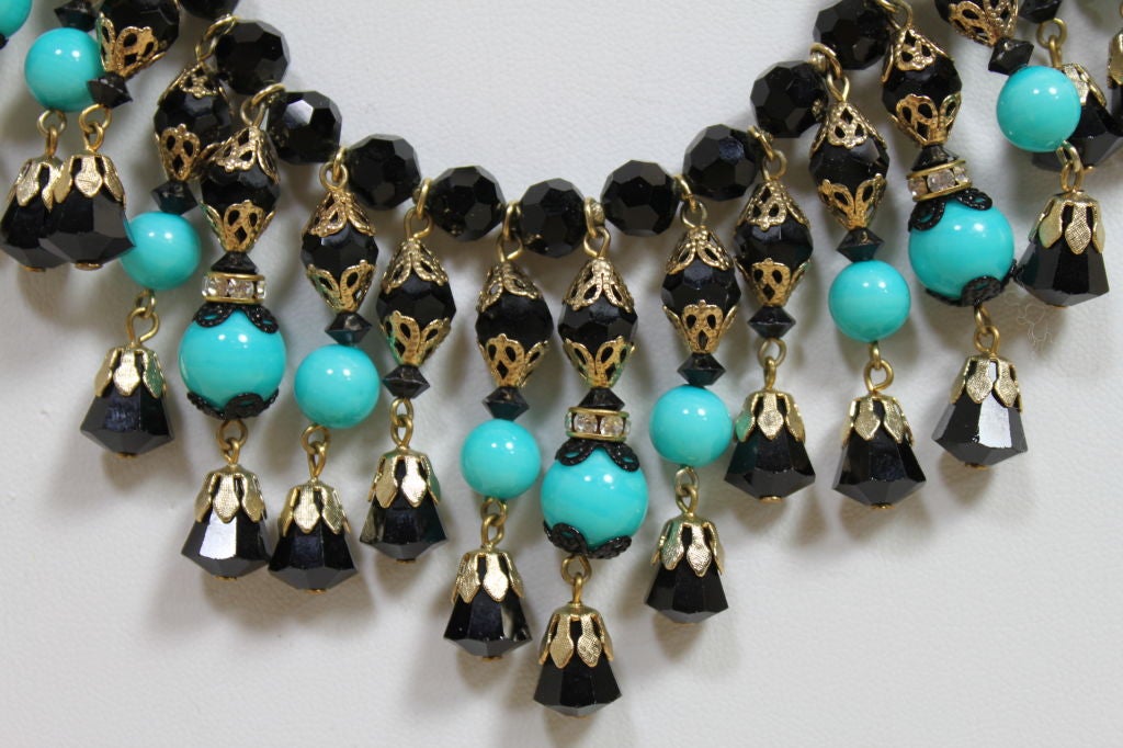 1960's Turquoise and Black Glass Bead Fringe Necklace Set at 1stdibs
