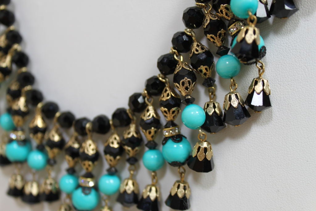 1960's Turquoise and Black Glass Bead Fringe Necklace Set at 1stdibs