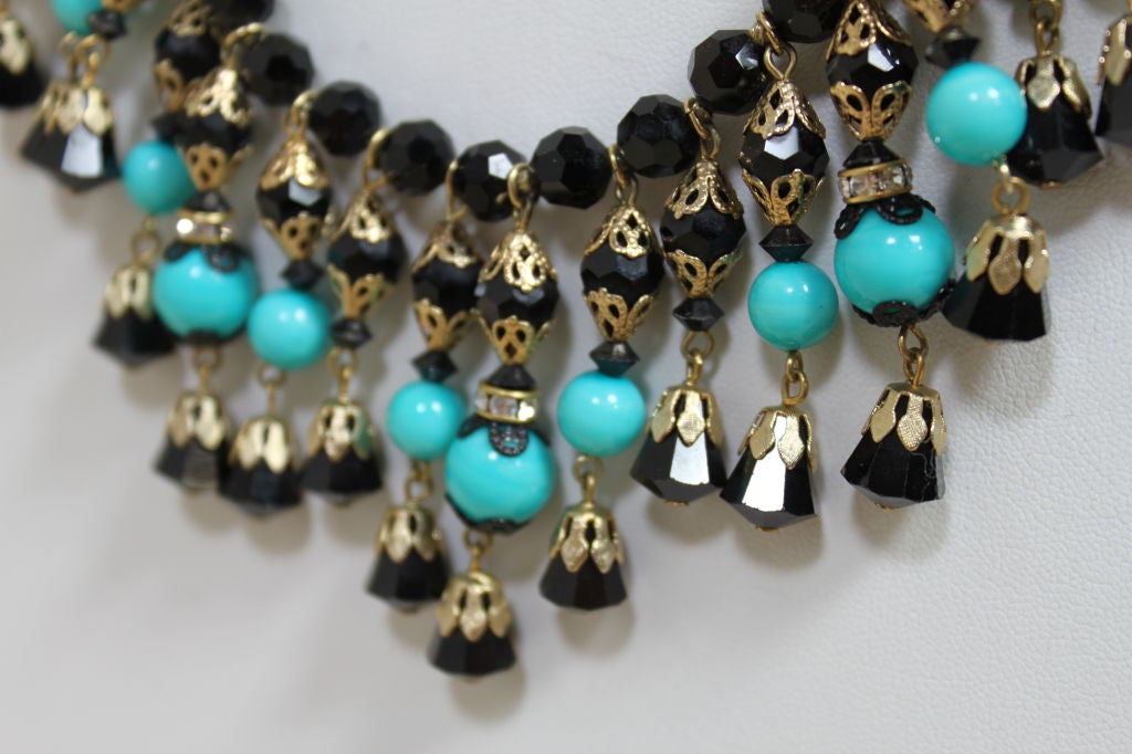 1960's Turquoise and Black Glass Bead Fringe Necklace Set at 1stdibs