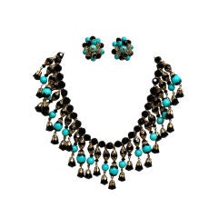 1960's Turquoise and Black Glass Bead Fringe Necklace Set