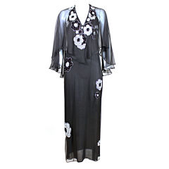 1970's Galanos Silk Chiffon Gown with Rhinestone Flowers