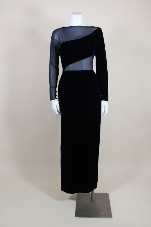 1980's Carolyn Roehm Midnight Blue Velvet Cutaway Gown For Sale at 1stDibs
