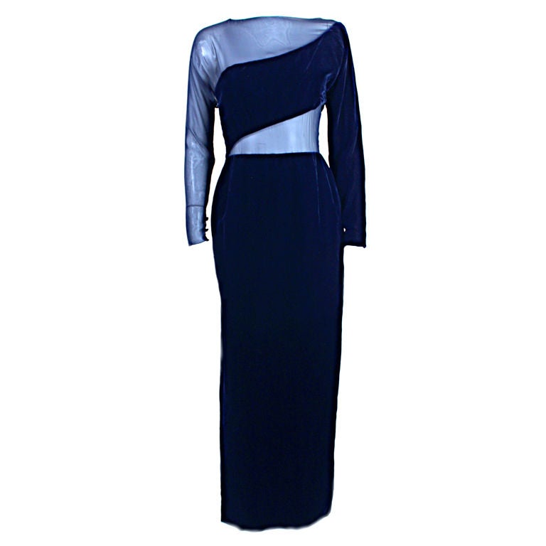 1980's Carolyn Roehm Midnight Blue Velvet Cutaway Gown For Sale