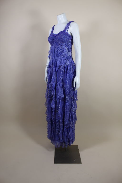 Zandra Rhodes 1970s Purple Hand-Painted Chiffon Ruffled Gown In Excellent Condition In Los Angeles, CA