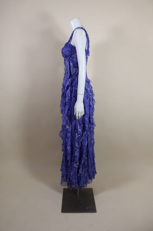 Women's Zandra Rhodes 1970s Purple Hand-Painted Chiffon Ruffled Gown