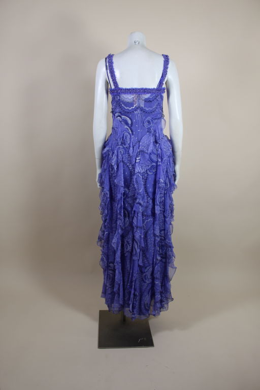 Zandra Rhodes 1970s Purple Hand-Painted Chiffon Ruffled Gown 1