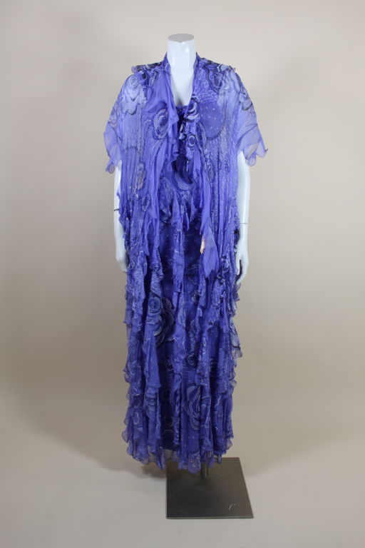 Zandra Rhodes 1970s Purple Hand-Painted Chiffon Ruffled Gown 2