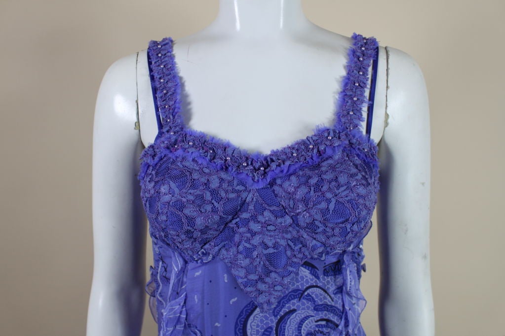 Zandra Rhodes 1970s Purple Hand-Painted Chiffon Ruffled Gown 3