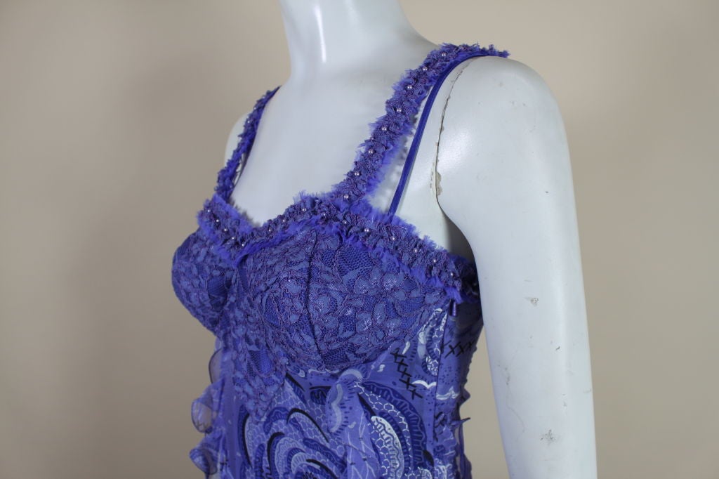 Zandra Rhodes 1970s Purple Hand-Painted Chiffon Ruffled Gown 4